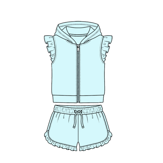 MOQ 5 PCS Preorder GSSO3718 Solid Light Blue Green Zip Hooded Fly Sleeve Ruffle Shorts Girls Sets 202604