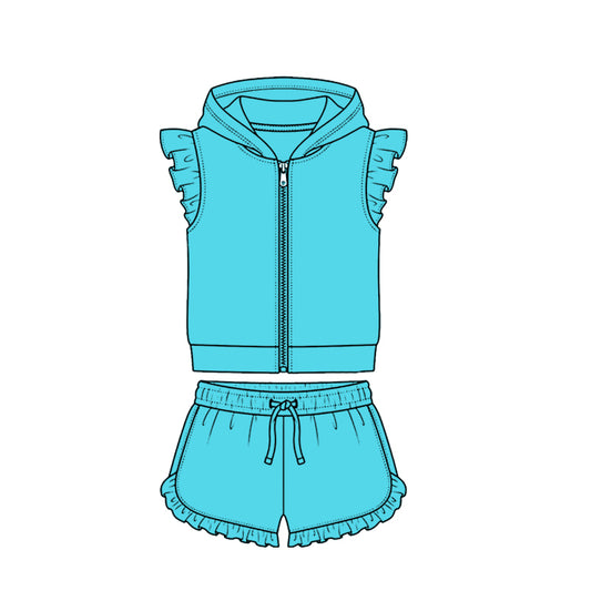 MOQ 5 PCS Preorder GSSO3719 Solid Blue Green Zip Hooded Fly Sleeve Ruffle Shorts Girls Sets 202604