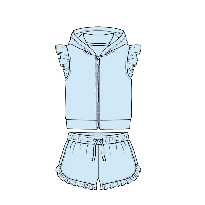 MOQ 5 PCS Preorder GSSO3720 Solid Light Blue Zip Hooded Fly Sleeve Ruffle Shorts Girls Sets 202604