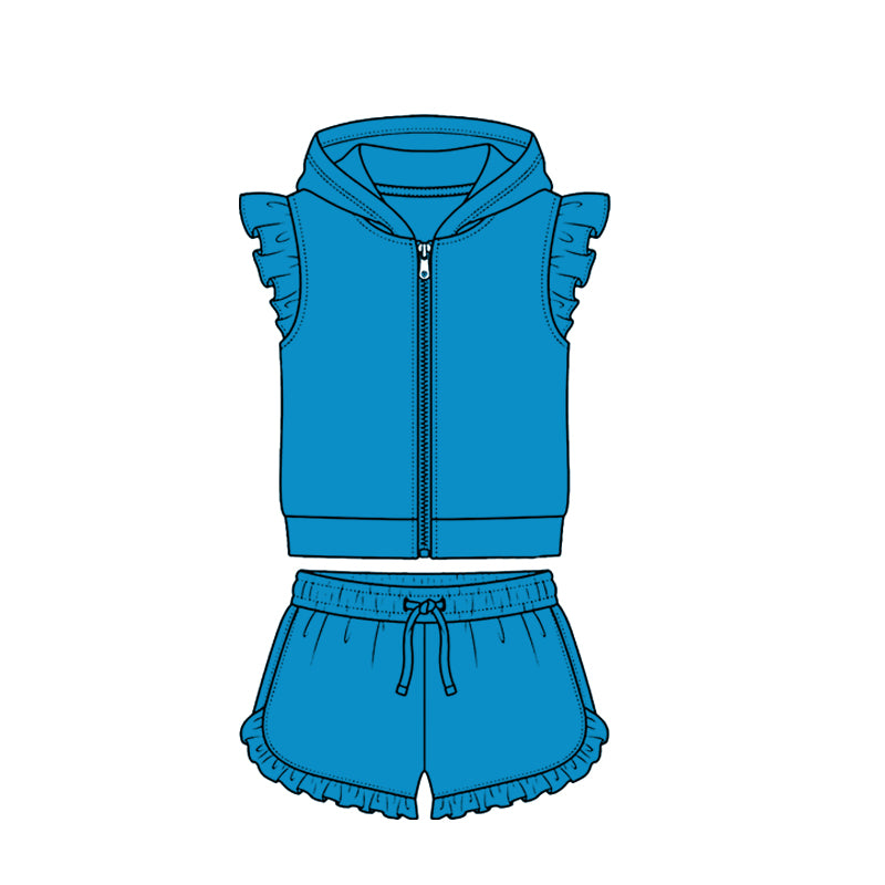 MOQ 5 PCS Preorder GSSO3721 Solid Blue Zip Hooded Fly Sleeve Ruffle Shorts Girls Sets 202604