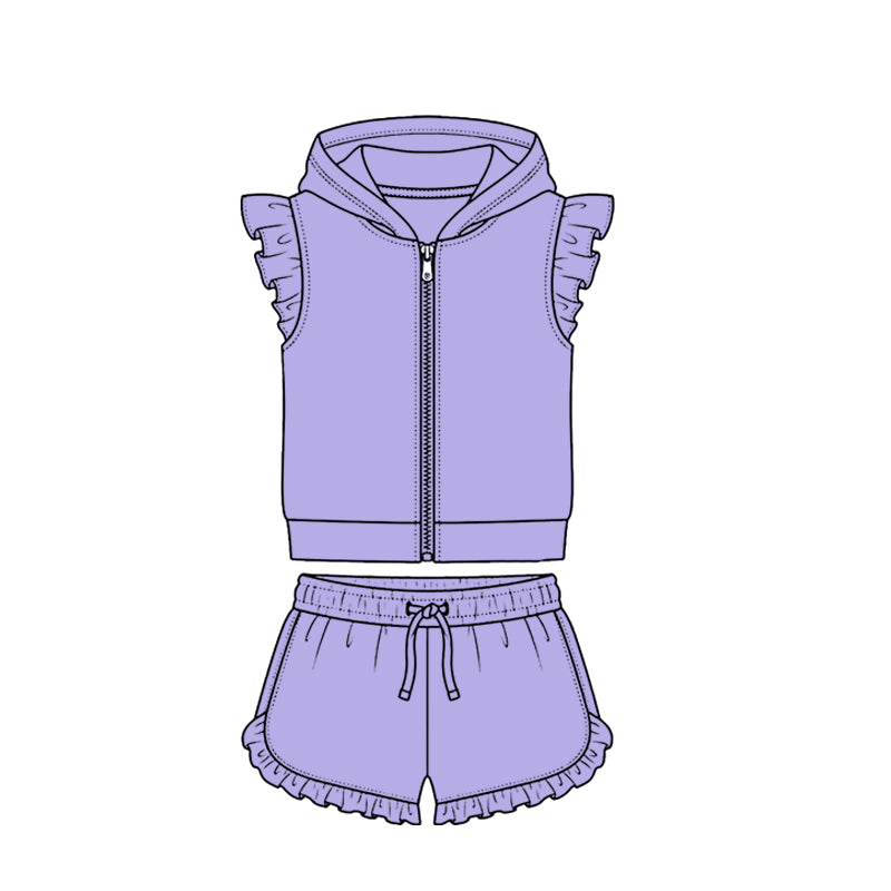 MOQ 5 PCS Preorder GSSO3723 Solid Light Purple Zip Hooded Fly Sleeve Ruffle Shorts Girls Sets 202604