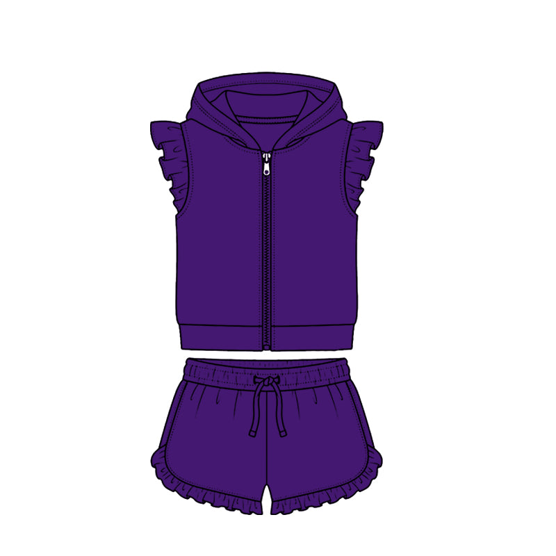 MOQ 5 PCS Preorder GSSO3724 Solid Purple Zip Hooded Fly Sleeve Ruffle Shorts Girls Sets 202604
