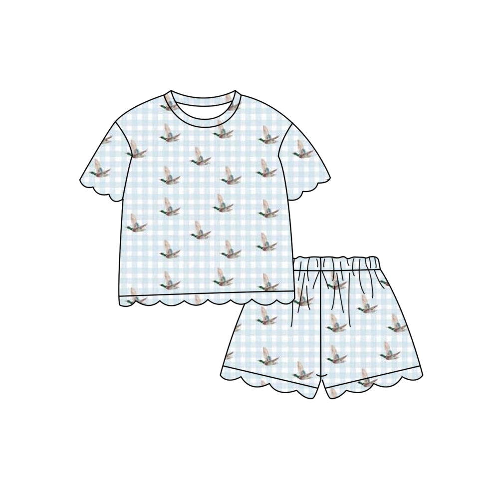 MOQ 30 PCS Preorder GSSO3725 Ducks Pattern Light Blue Plaid Wave Ruffle Short Sleeve Shorts Girls Sets 202604
