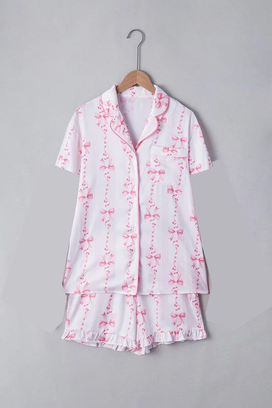 MOQ 5 PCS Preorder GSSO3726 Pink Bows Polo Short Sleeve Shorts Girls Pajamas Sets 202604