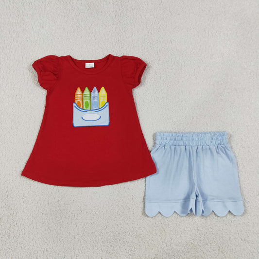 GSSO3727 Embroidered Back to School Red Short Sleeve Shorts Girls Sets 202607 RTS Sibling