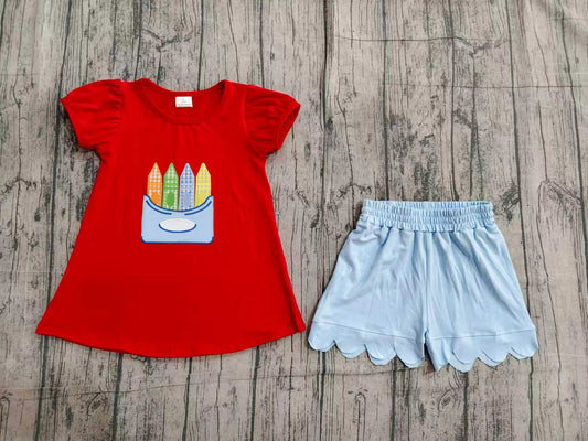 NO MOQ Preorder GSSO3727 Embroidered Back to School Red Short Sleeve Shorts Girls Sets 202604 Sibling