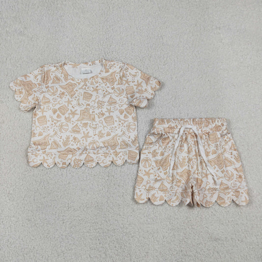 GSSO3728 Crab Coral Beach Castle Wave Ruffle Short Sleeve Shorts Girls Sets 202605 RTS