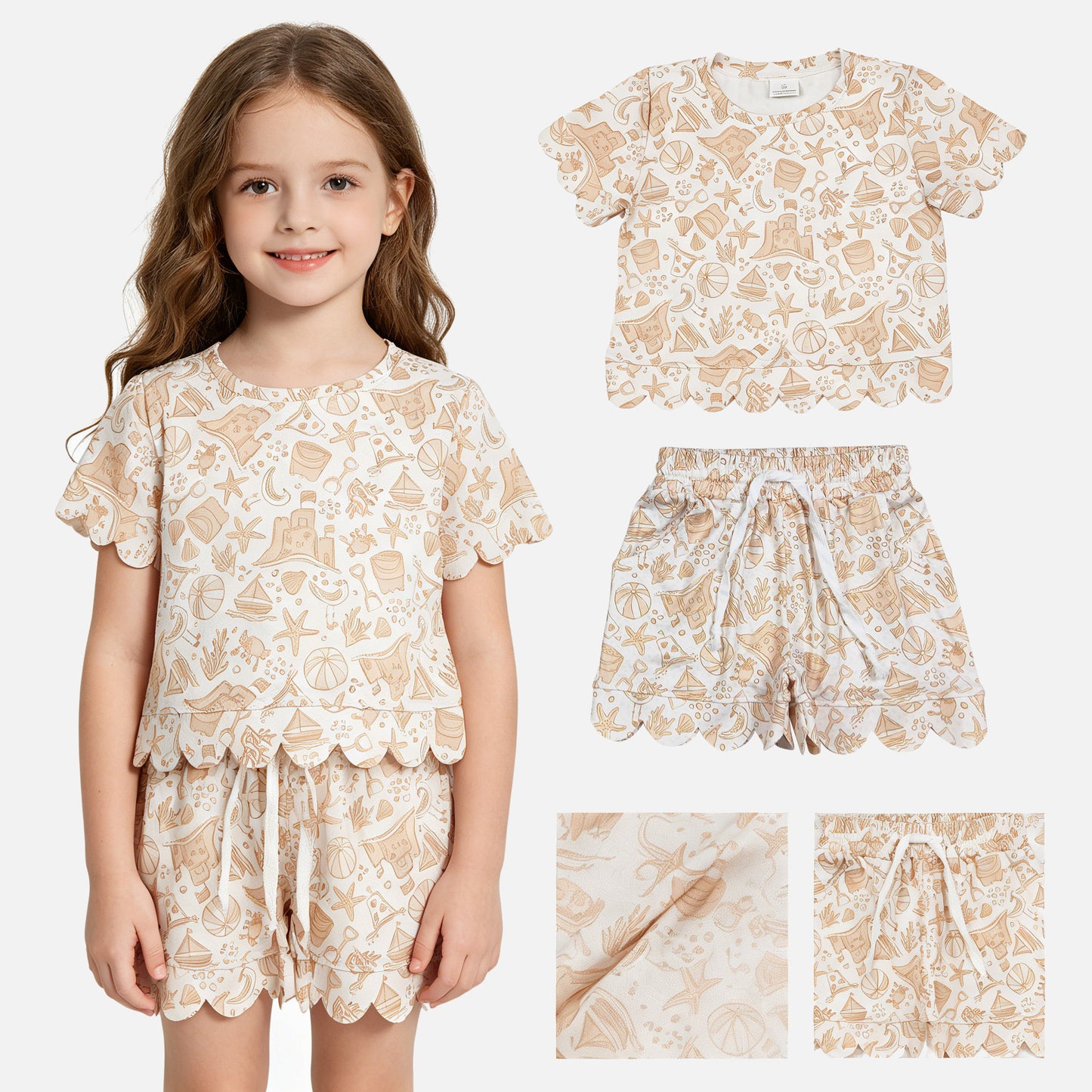 GSSO3728 Crab Coral Beach Castle Wave Ruffle Short Sleeve Shorts Girls Sets 202605 RTS