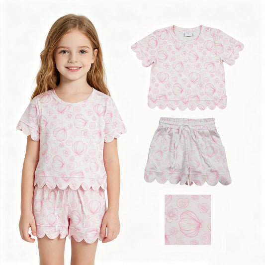 GSSO3729  Seashell Starfish Flower Wave Ruffle Short Sleeve Shorts Girls Sets 202605 RTS