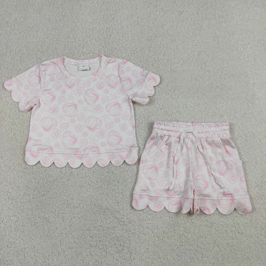 GSSO3729  Seashell Starfish Flower Wave Ruffle Short Sleeve Shorts Girls Sets 202605 RTS