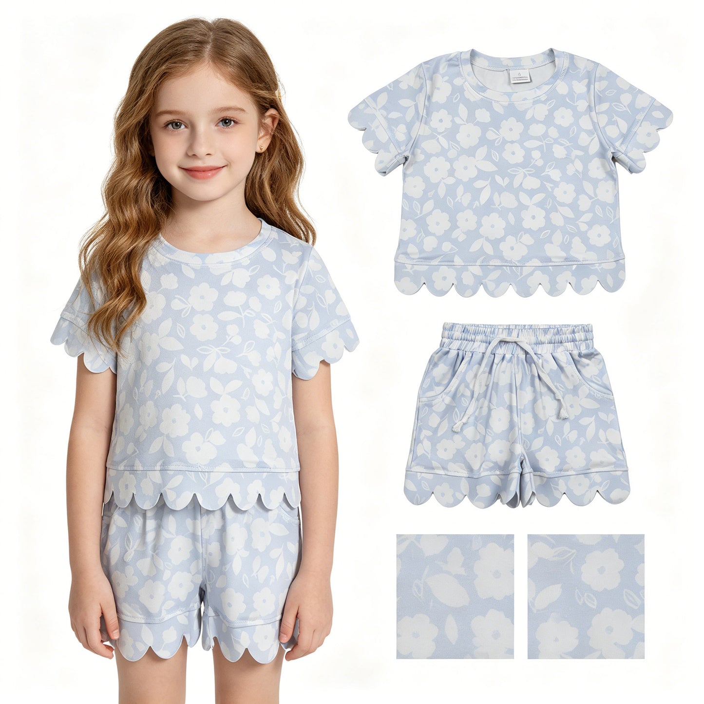 GSSO3730  Flower Light Blue Wave Ruffle Short Sleeve Shorts Girls Sets 202605 RTS