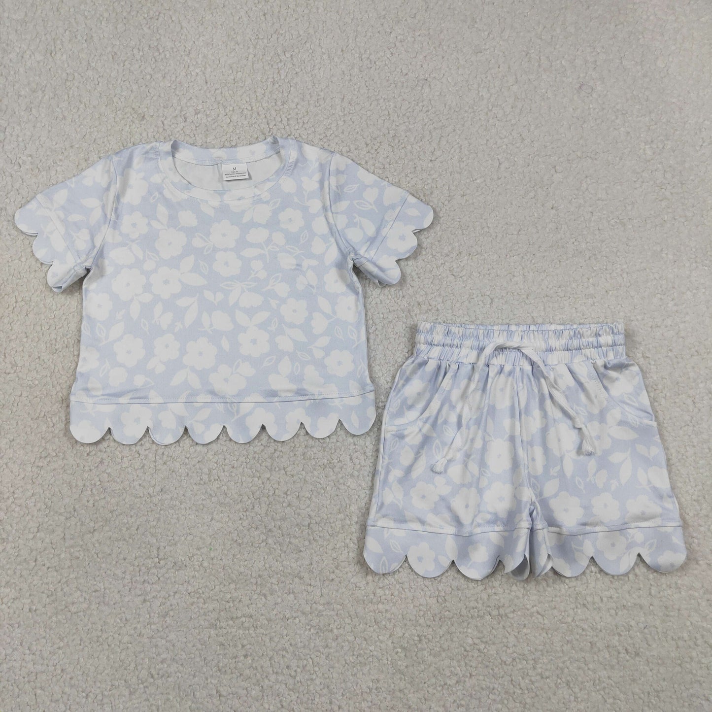 GSSO3730  Flower Light Blue Wave Ruffle Short Sleeve Shorts Girls Sets 202605 RTS