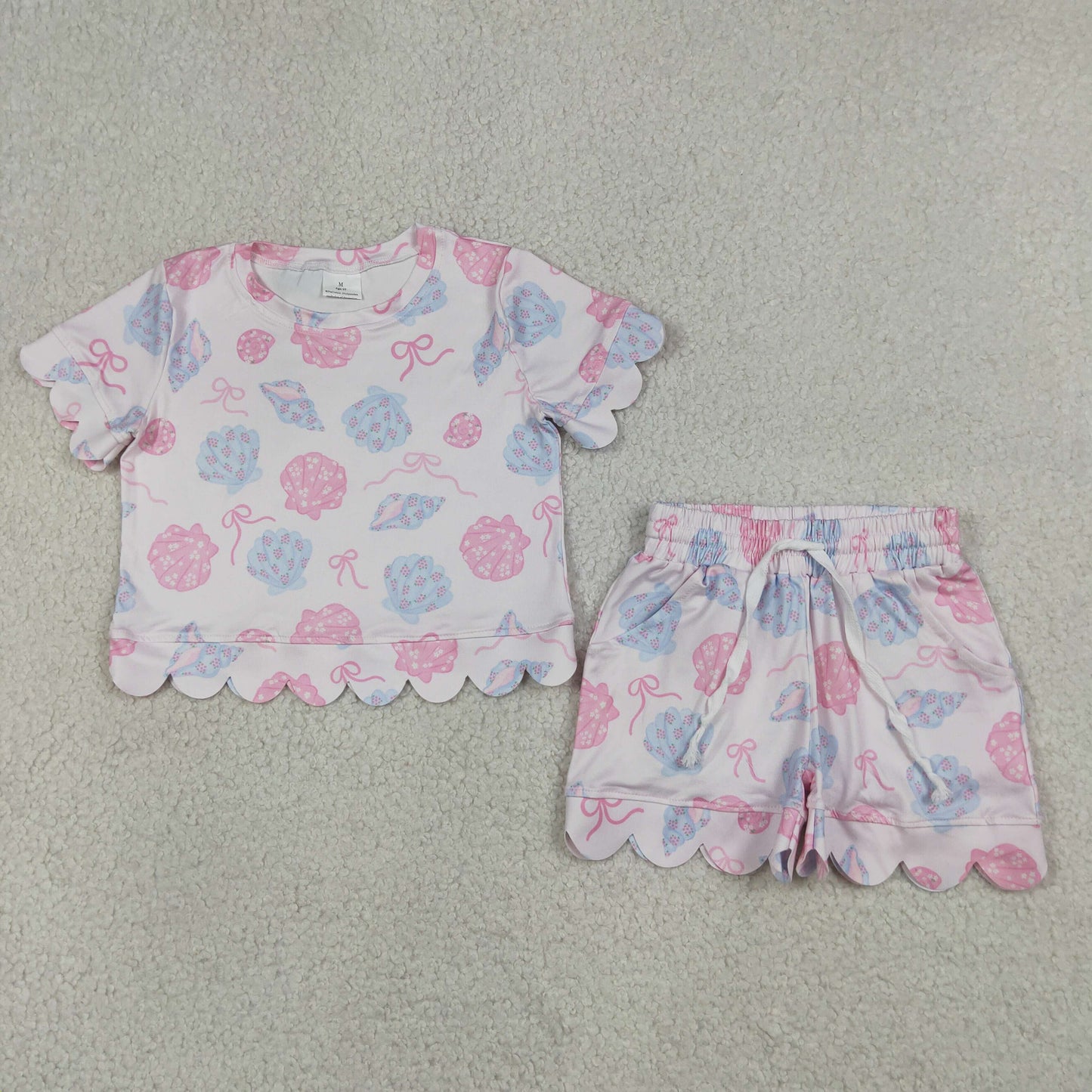 GSSO3731  Seashell Pink Bows Wave Ruffle Short Sleeve Shorts Girls Sets 202605 RTS