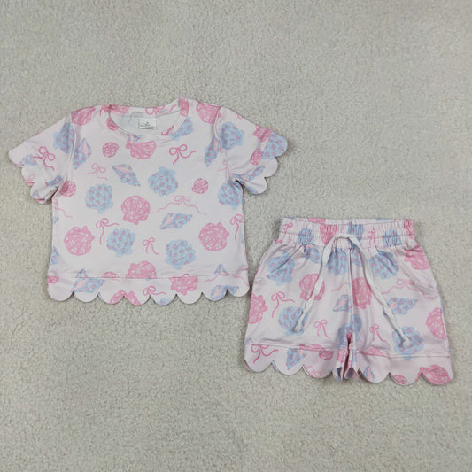GSSO3731  Seashell Pink Bows Wave Ruffle Short Sleeve Shorts Girls Sets 202605 RTS