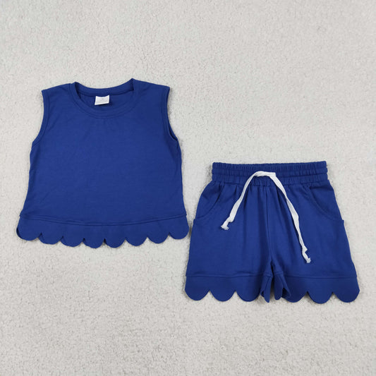 GSSO3732 Solid Dark Blue Wave Ruffle Sleeveless Shorts Girls Sets 202605 RTS