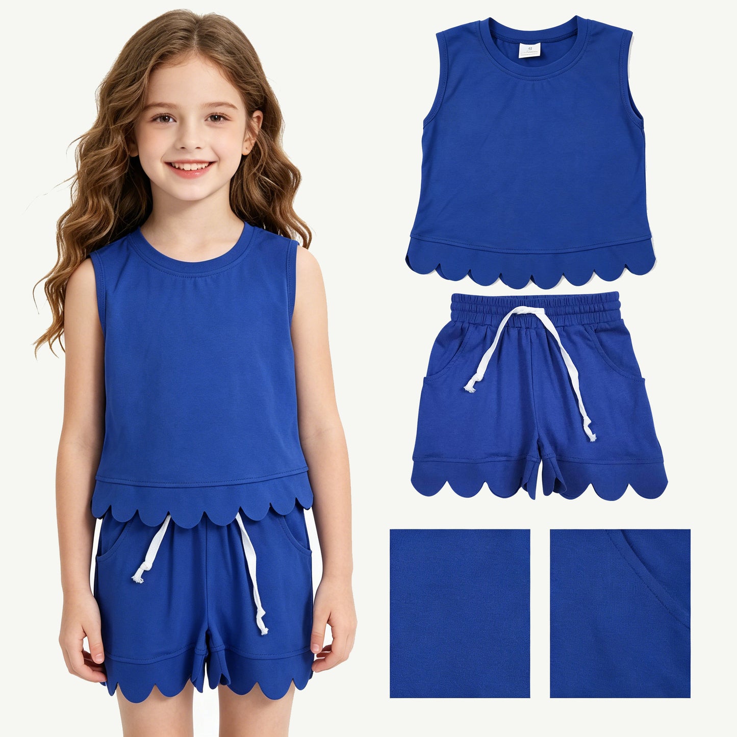 GSSO3732 Solid Dark Blue Wave Ruffle Sleeveless Shorts Girls Sets 202605 RTS