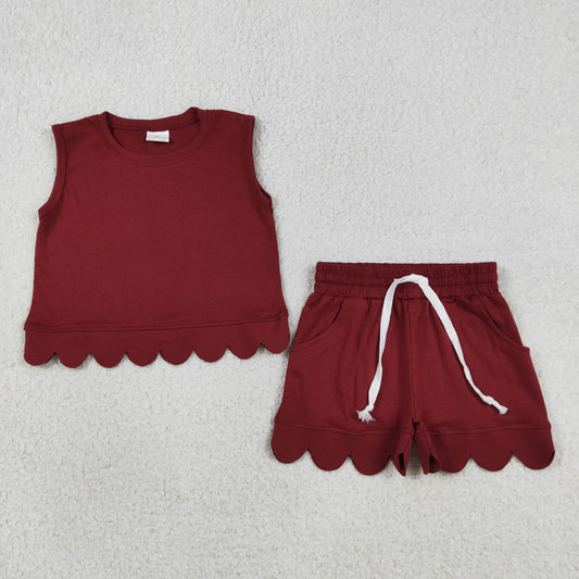 GSSO3734 Solid Dark Red Wave Ruffle Sleeveless Shorts Girls Sets 202605 RTS