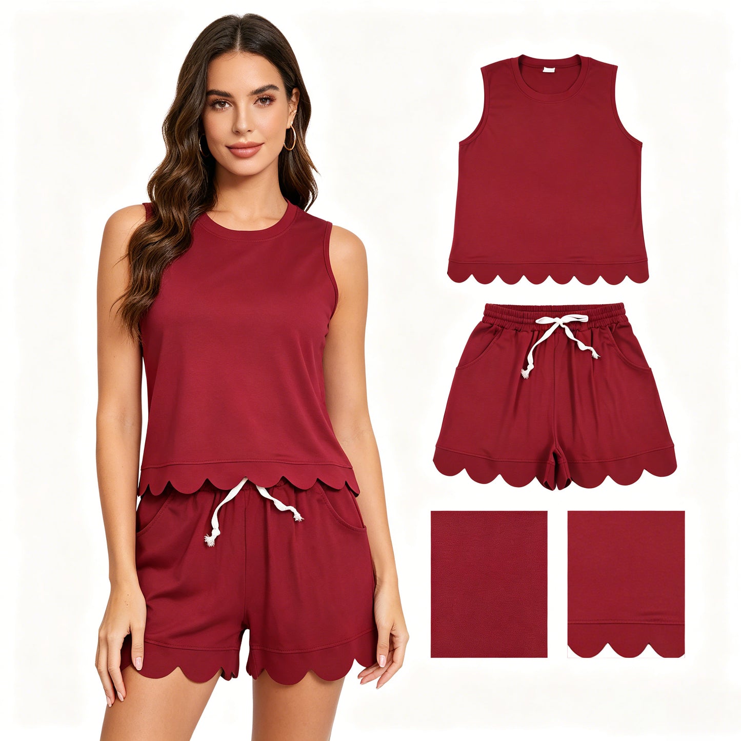 GSSO3735 Adult Female Dark Red Wave Ruffle Sleeveless Shorts Sets 202605 RTS