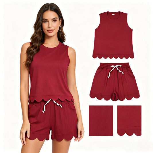 GSSO3735 Adult Female Dark Red Wave Ruffle Sleeveless Shorts Sets 202605 RTS