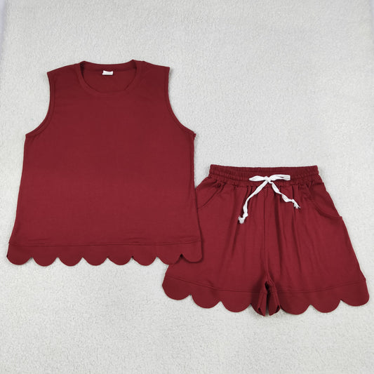 GSSO3735 Adult Female Dark Red Wave Ruffle Sleeveless Shorts Sets 202605 RTS