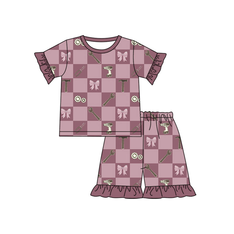 MOQ 5 PCS Preorder GSSO3736 Wrench Tool Bow Pattern Purple Red Ruffle Short Sleeve Shorts Girls Sets 202604