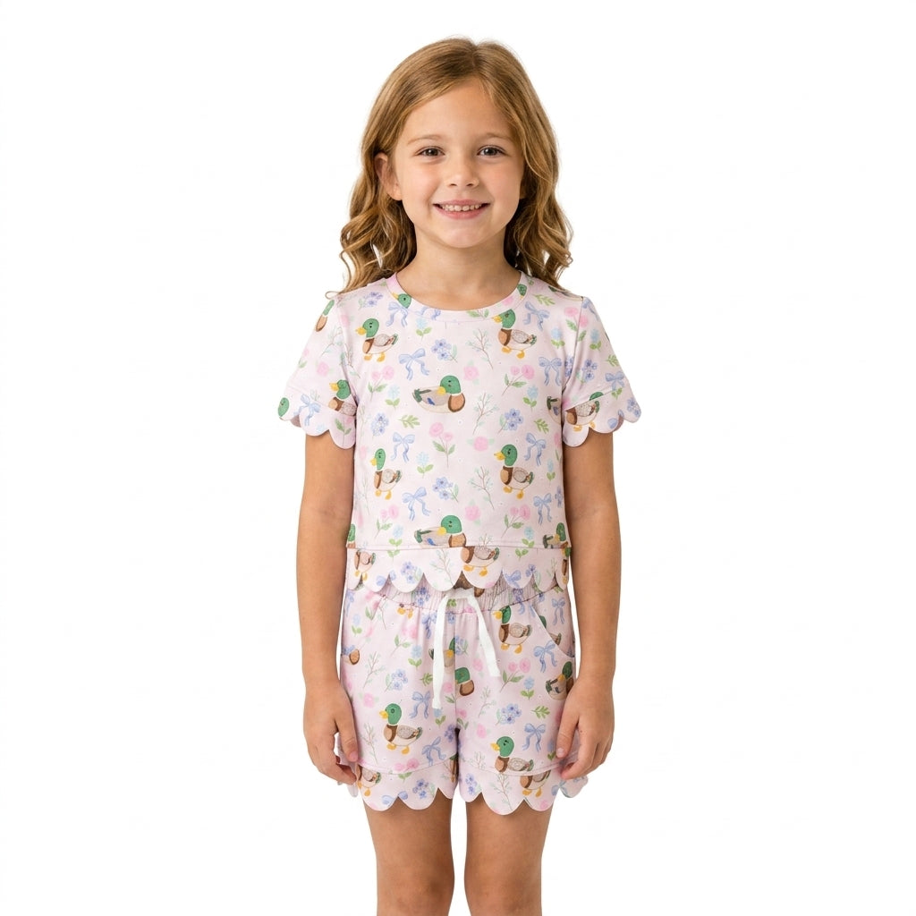 GSSO3737 Mallard Ducks Bows Flower Scallop Edge Girls Shorts Set 202609 RTS