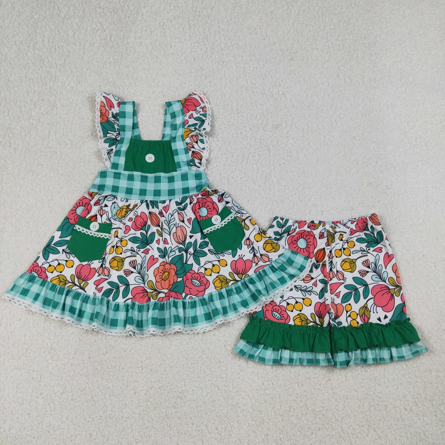 GSSO3738 Flower Lace Ruffle Green Plaid Fly Sleeve Shorts Girls Sets 202604 RTS