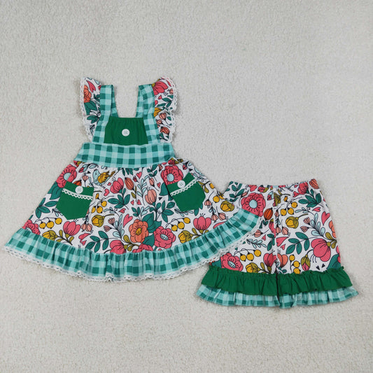 GSSO3738 Flower Lace Ruffle Green Plaid Fly Sleeve Shorts Girls Sets 202604 RTS