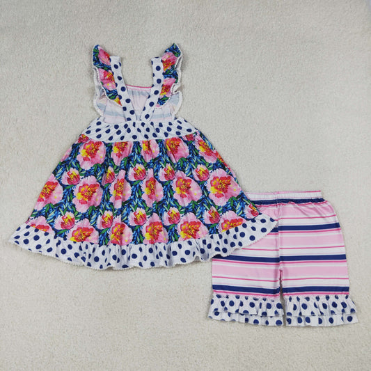 GSSO3739 Flower Navy Dots Ruffle Fly Sleeve Shorts Girls Sets 202604 RTS