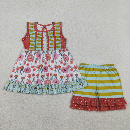 GSSO3740 Flower Ruffle Sleeveless Shorts Girls Sets 202604 RTS