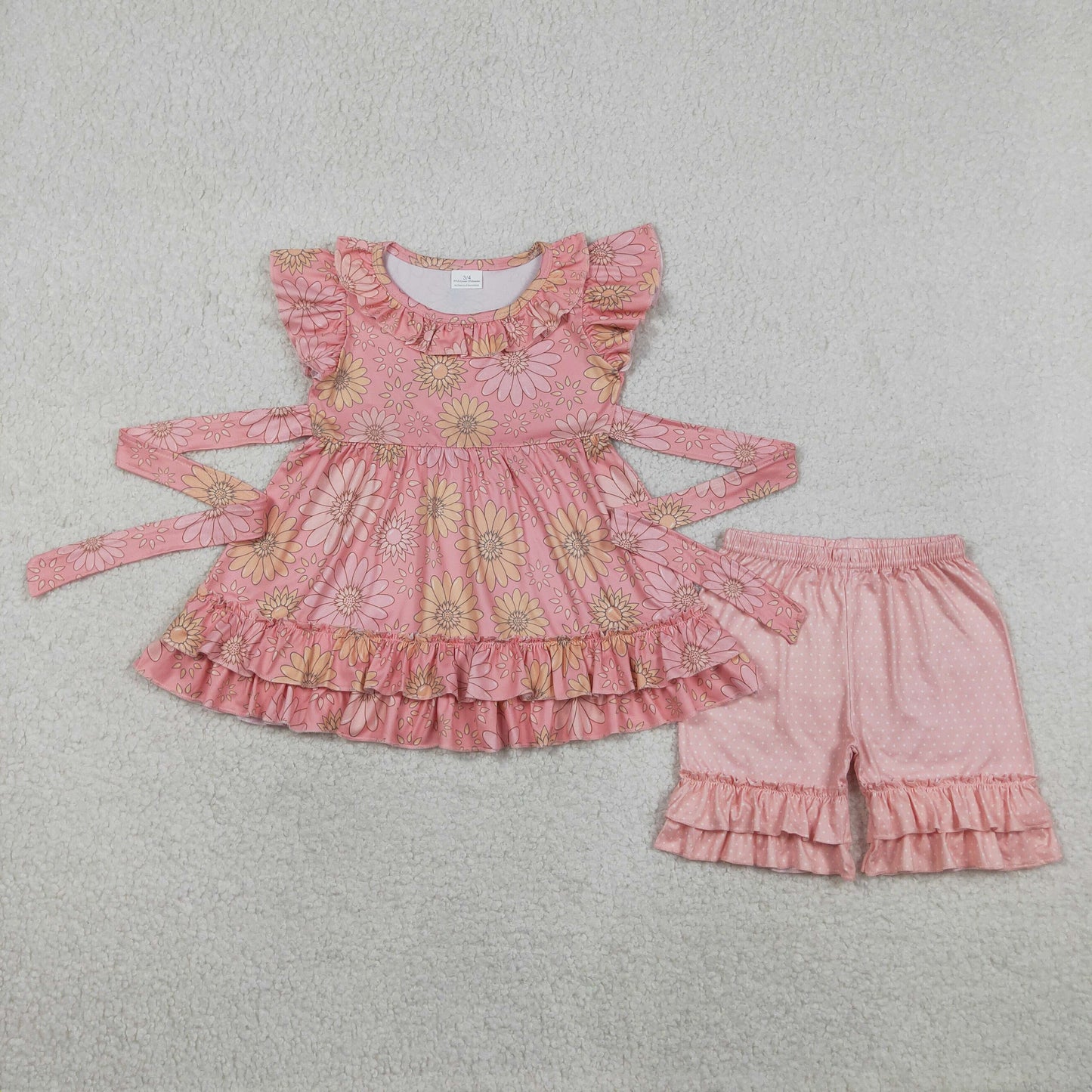 GSSO3741 Flower Orange Pink Ruffle Fly Sleeve Shorts Girls Sets 202604 RTS