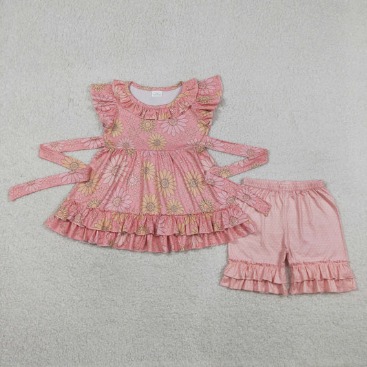 GSSO3741 Flower Orange Pink Ruffle Fly Sleeve Shorts Girls Sets 202604 RTS