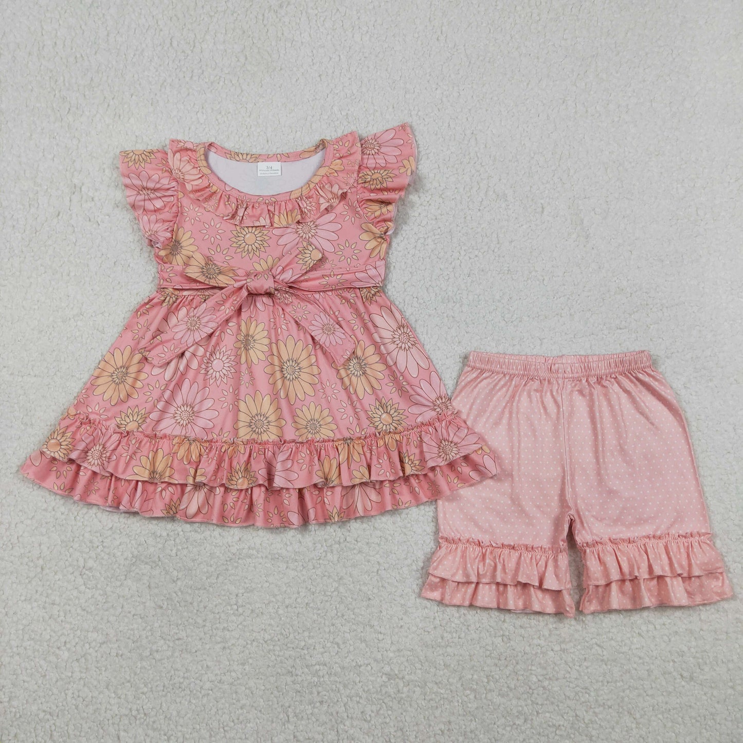 GSSO3741 Flower Orange Pink Ruffle Fly Sleeve Shorts Girls Sets 202604 RTS