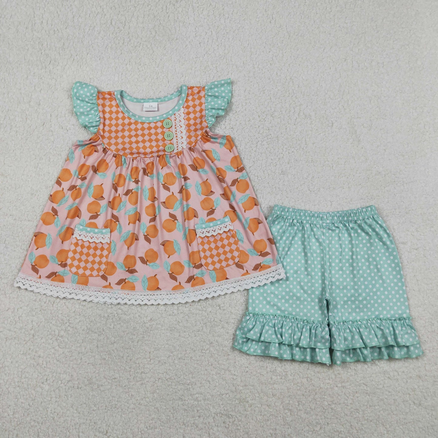 GSSO3742 Dots Orange Lace Ruffle Light Green Fly Sleeve Shorts Girls Sets 202604 RTS