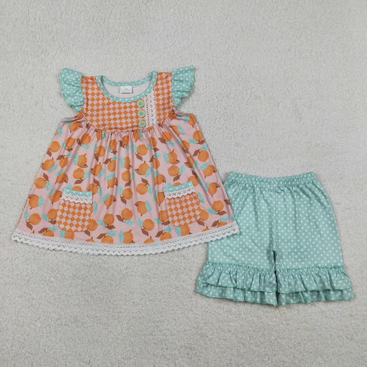 GSSO3742 Dots Orange Lace Ruffle Light Green Fly Sleeve Shorts Girls Sets 202604 RTS