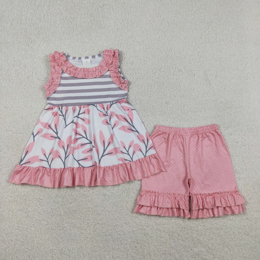 GSSO3745 Dots Ruffle Pink Sleeveless Shorts Girls Sets 202604 RTS