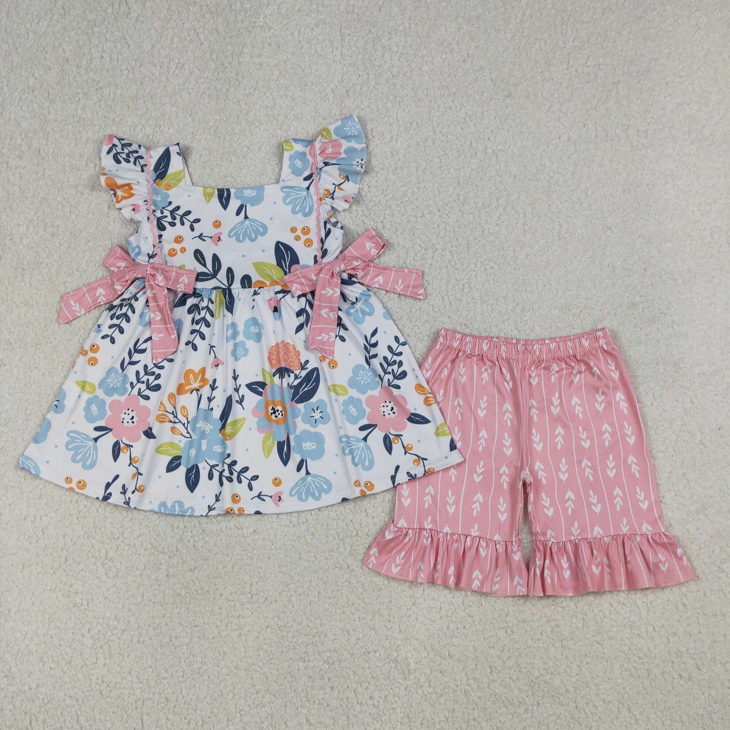 GSSO3746 Pink Bows Ruffle Fly Sleeve Shorts Girls Sets 202604 RTS