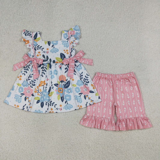 GSSO3746 Pink Bows Ruffle Fly Sleeve Shorts Girls Sets 202604 RTS
