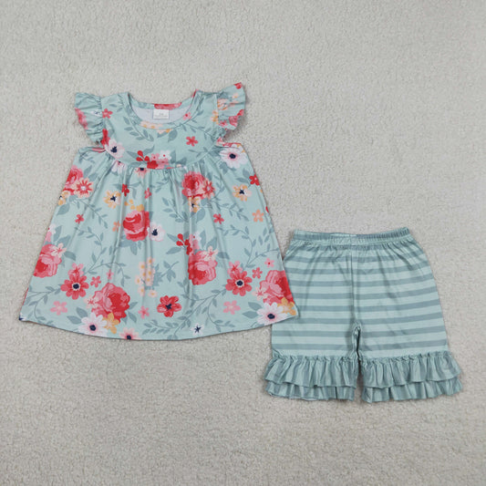 GSSO3748 Flower Pea Green Ruffle Fly Sleeve Shorts Girls Sets 202604 RTS