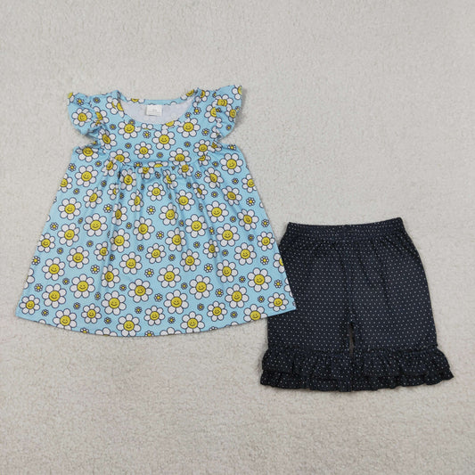 GSSO3749 Flower Smile Face Blue Fly Sleeve Shorts Girls Sets 202604 RTS