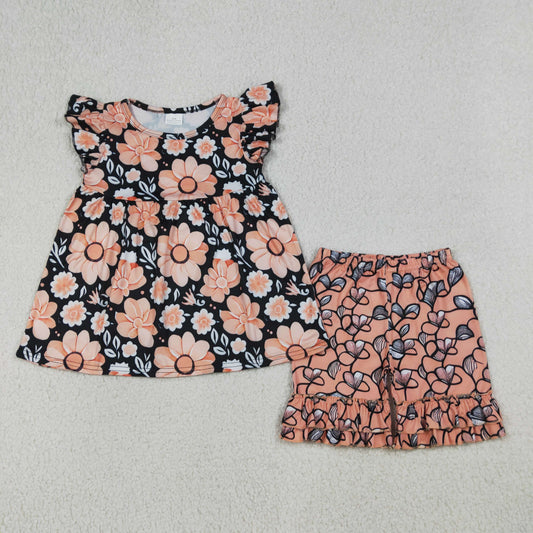 GSSO3750 Orange Flower Fly Sleeve Shorts Girls Sets 202604 RTS
