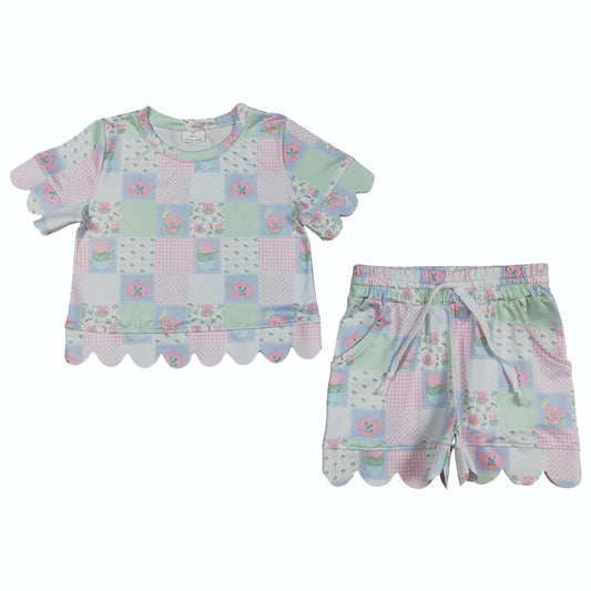 MOQ 30 PCS preorder GSSO3752 Adult Female Flower Plaid Wave Ruffle Short Sleeve Shorts Sets 202604