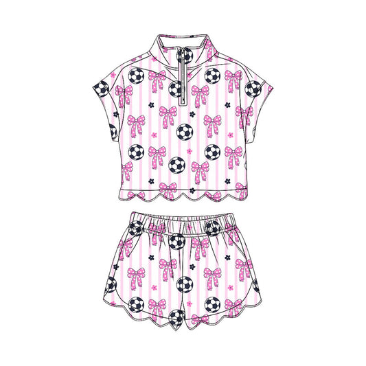 MOQ 30 PCS Preorder GSSO3753 GO TEAM Football Bows Flower Rose Red Stripe Zip Collar Wave Ruffle Short Sleeve Shorts Girls Sets 202604