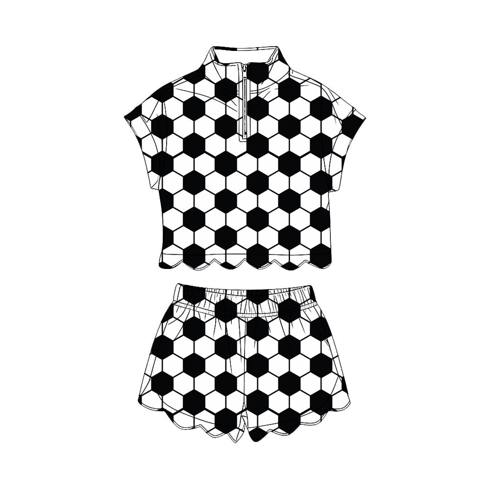 MOQ 30 PCS Preorder GSSO3755 GO TEAM Football Black White Zip Collar Wave Ruffle Short Sleeve Shorts Girls Sets 202604