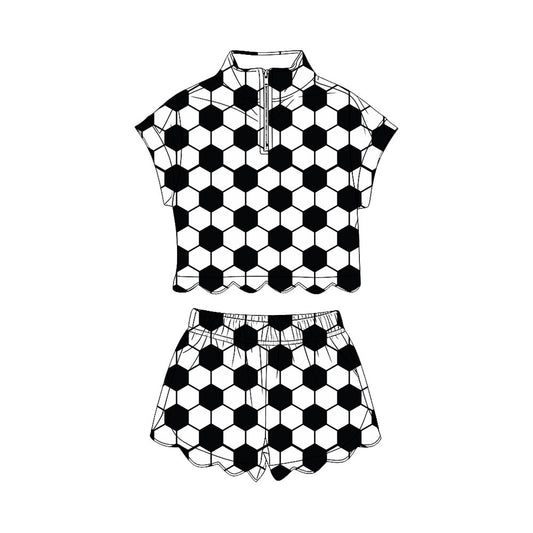 MOQ 30 PCS Preorder GSSO3755 GO TEAM Football Black White Zip Collar Wave Ruffle Short Sleeve Shorts Girls Sets 202604