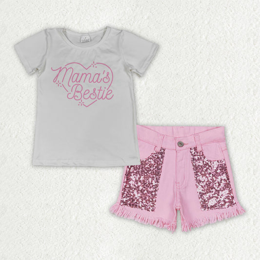 GSSO3756 Mothers Day MAMA'S BESTIE Letter Short Sleeve Pink Denim Shorts Girls Sets 202604 RTS