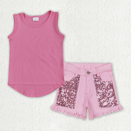 GSSO3758 Solid Pink Sleeveless & Denim Shorts Girls Sets 202604 RTS