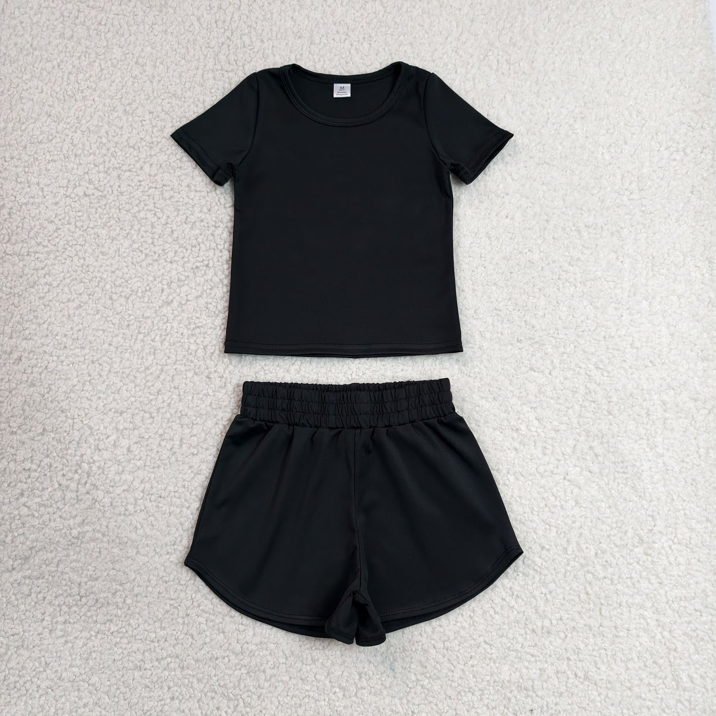 GSSO3760 Solid Black Short Sleeve Shorts Girls Yoga Sets 202606 RTS