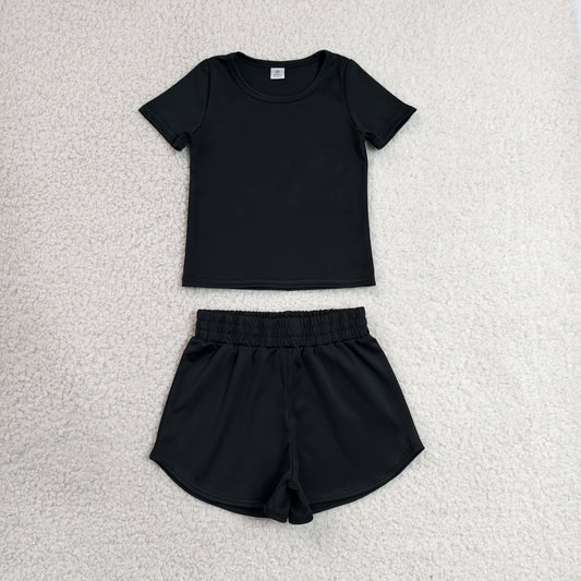 GSSO3760 Solid Black Short Sleeve Shorts Girls Yoga Sets 202606 RTS