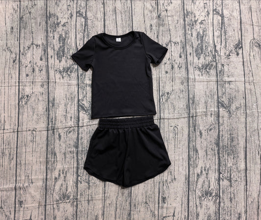 NO MOQ Preorder GSSO3760 Solid Black Short Sleeve Shorts Girls Yoga Sets 202605